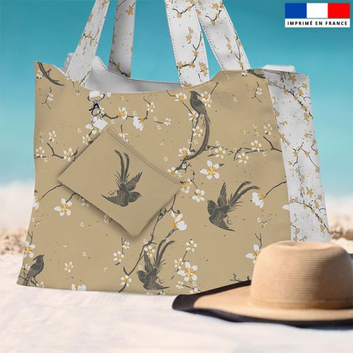Kit sac de plage imperméable beige motif fleur de cerisier - King size