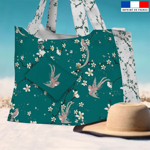 Kit sac de plage imperméable vert canard motif fleur de cerisier - King size