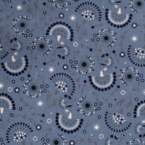 Popeline de coton bleu jean imprimé fleuri