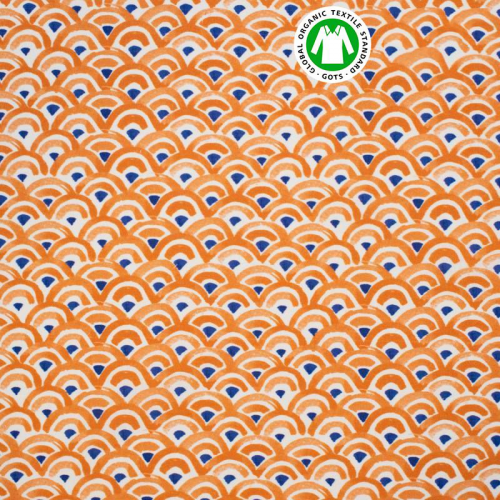Coton écru motif demi-cercle orange et bleu