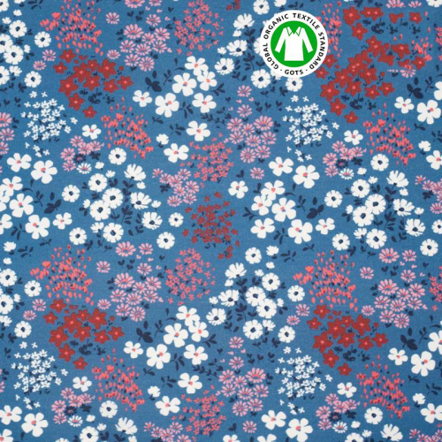 Coton bio bleu turquin motif champs fleuri Oeko-tex