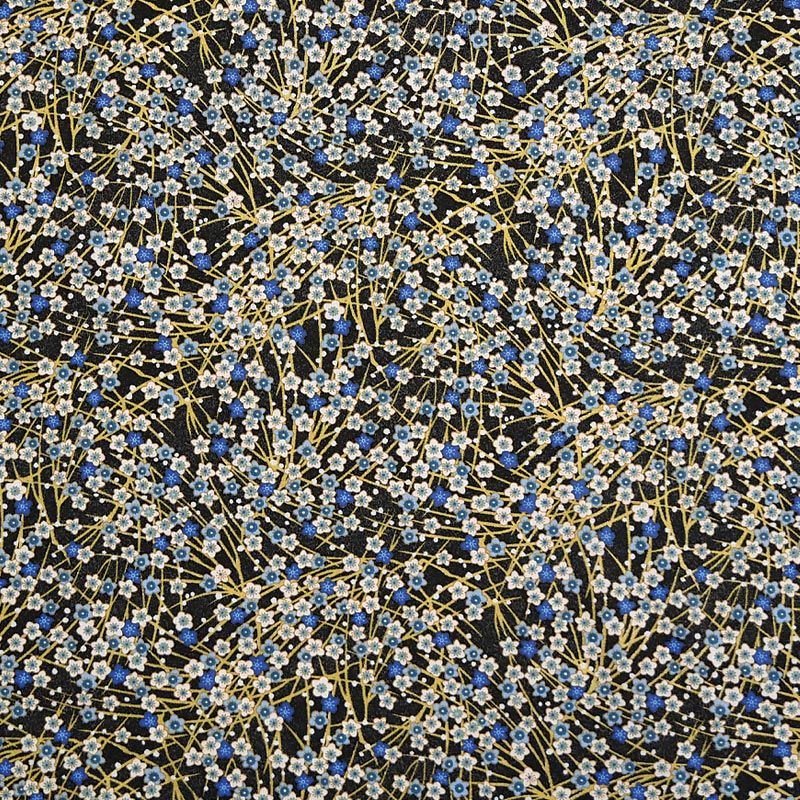 Coton noir motif petites fleurs bleues et brindilles dorées jaron Oeko-tex