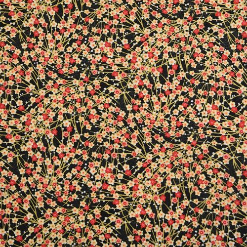 Coton noir motif petites fleurs roses et brindilles dorées jaron Oeko-tex