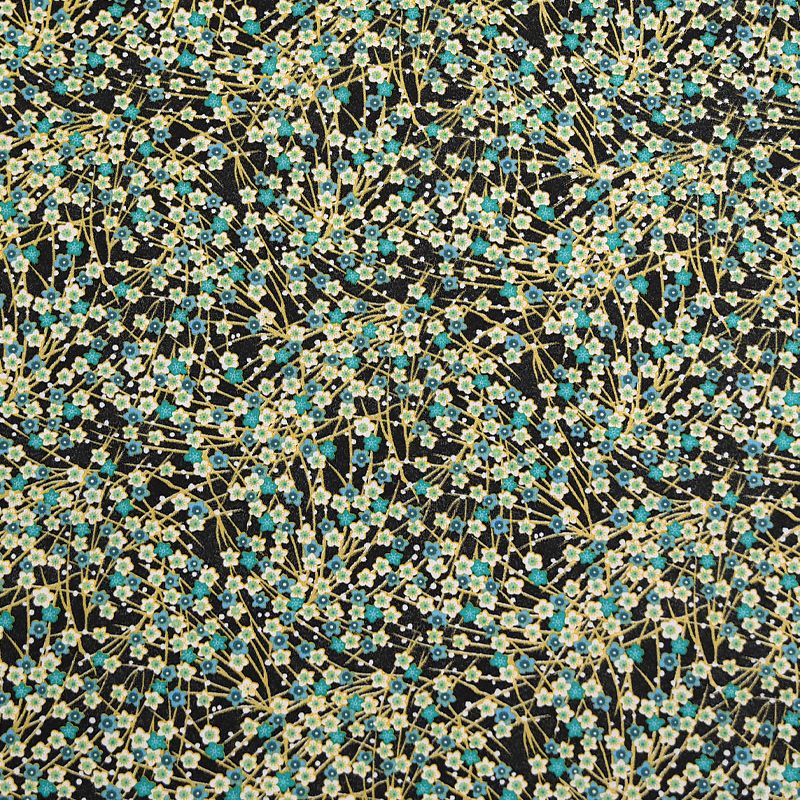 Coton noir motif petites fleurs turquoises et brindilles dorées jaron Oeko-tex
