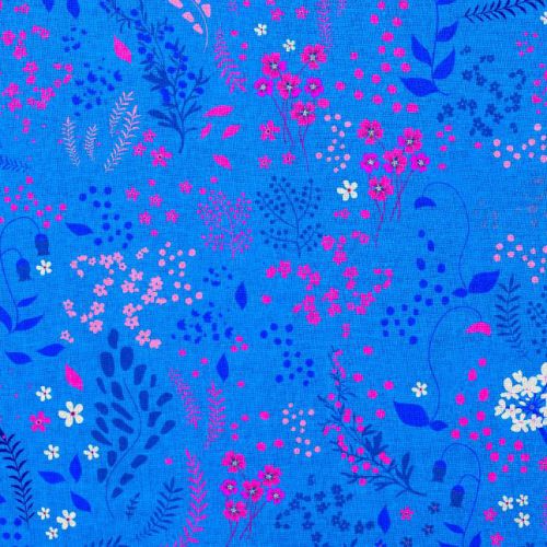 Coton bleu motif fleurs champêtres roses et bleues