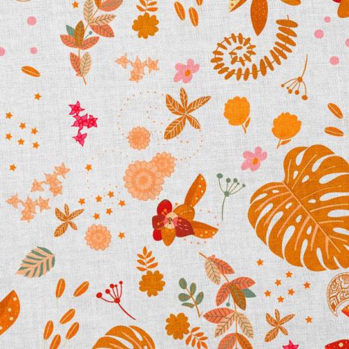 Coton blanc motif mur floral orange et rose