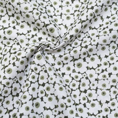 Coton bio vert imprimé fleurs blanches Oeko-tex
