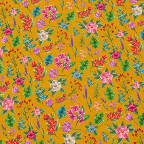 Coton safran motif fleurs et jungle Oeko-tex