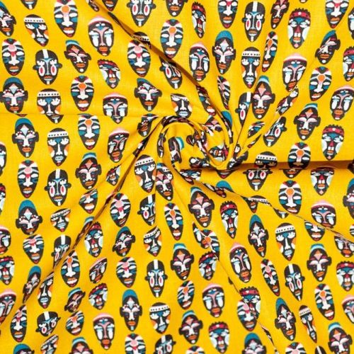 Popeline de coton jaune motif mask