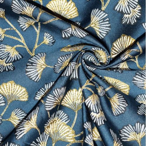 Coupon 50x68 cm - Jacquard bleu motif fleur en éventail ginko jaune