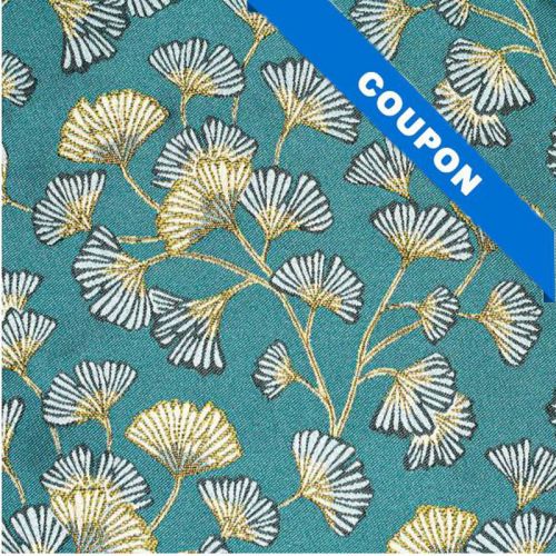 Coupon 50x68 cm - Jacquard bleu paon motif fleur en éventail ginkgo blanc Oeko-tex
