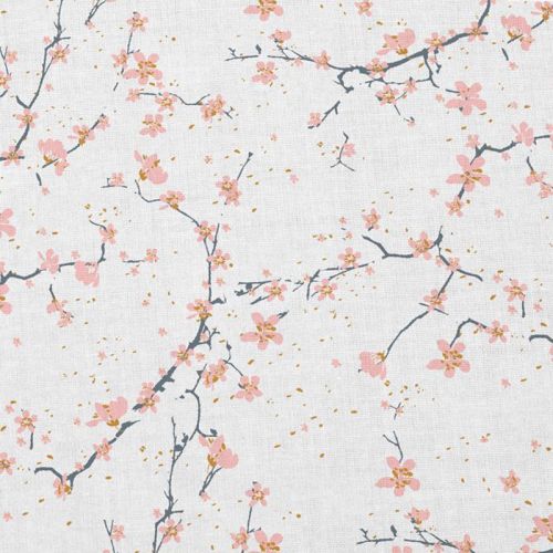 Coton cretonne blanc motif fleur de cerisier rose Oeko-tex
