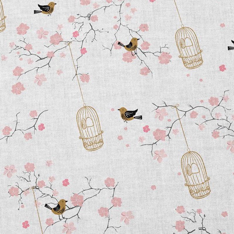 Coton cretonne blanc motif fleurs de cerisier et cage à oiseaux