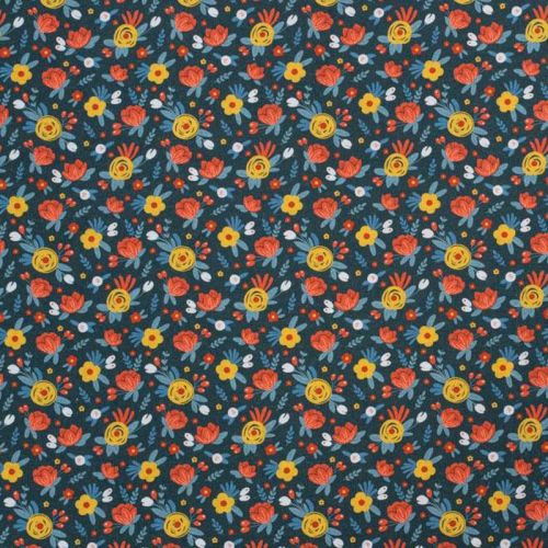 Coton bio bleu foncé motif fleurs des près jaunes et rouges Oeko-tex