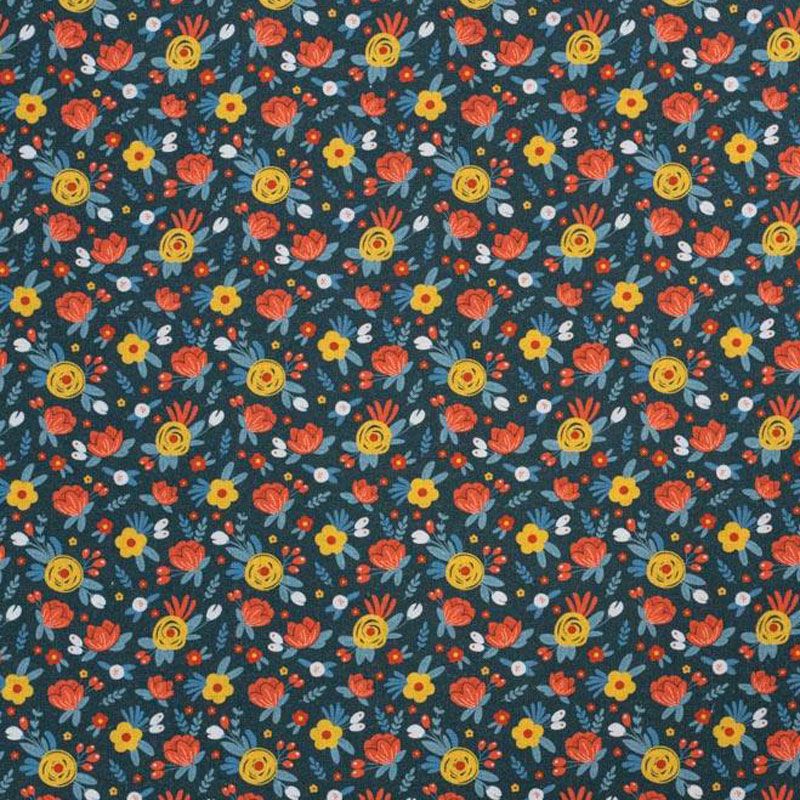Coton bio bleu foncé motif fleurs des près jaunes et rouges Oeko-tex