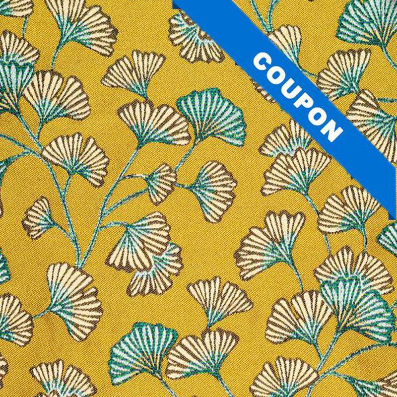 Coupon 50x68 cm - Jacquard ocre motif fleur en éventail ginkgo bleu