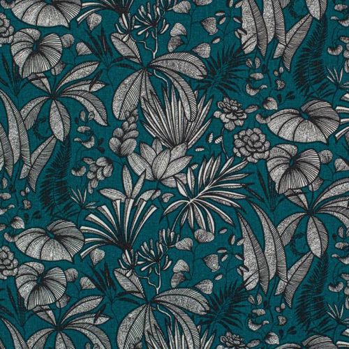 Coton bleu paon motif feuilles java Oeko-tex