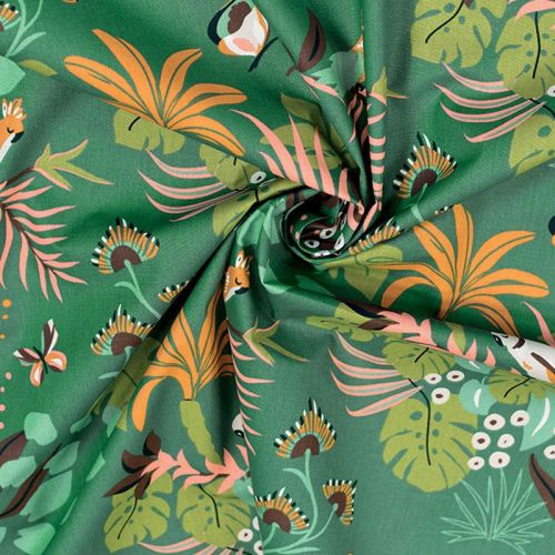 Coton vert sapin motif jungle papagiaos Oeko-tex