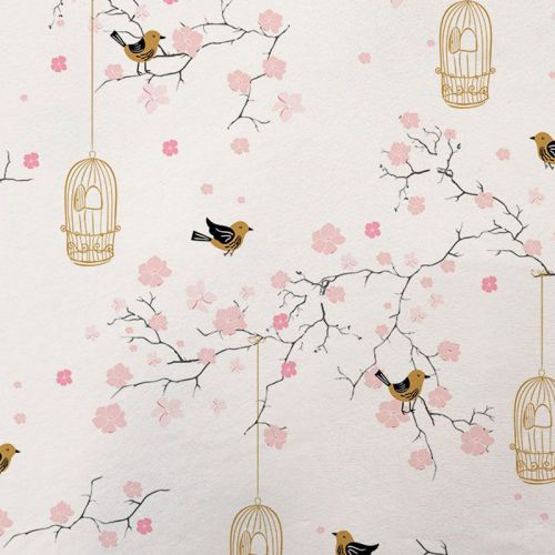 Tissu minky écrue motif fleur de cerisier rose et cage à oiseaux