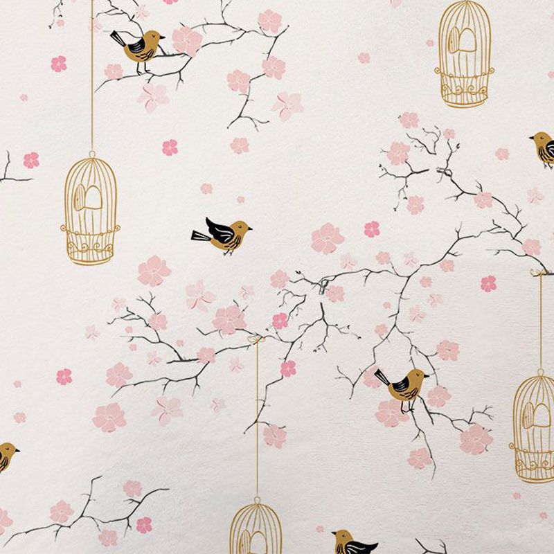 Tissu minky écrue motif fleur de cerisier rose et cage à oiseaux