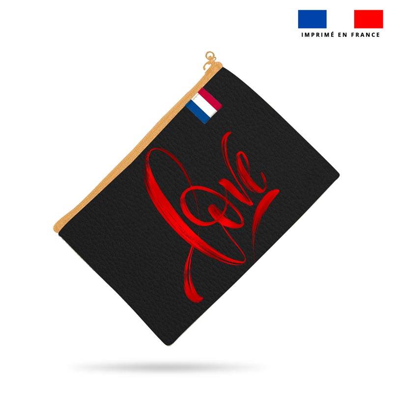 Kit pochette simili cuir noir motif love rouge