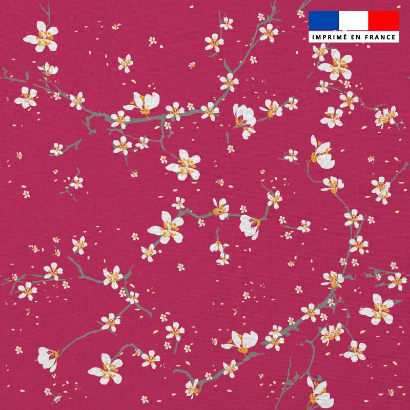 Popeline de coton peigné framboise motif fleur de cerisier
