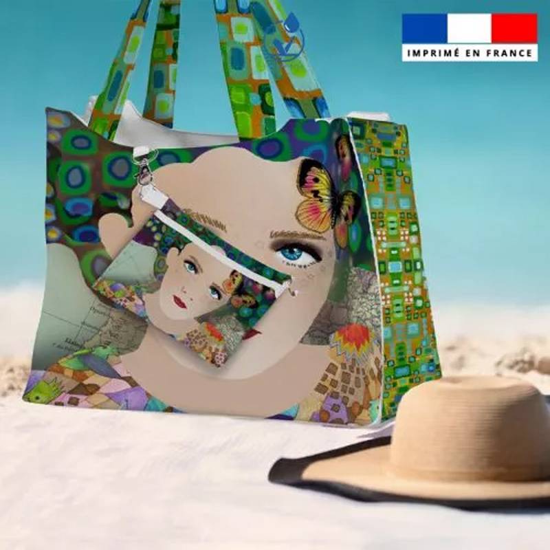 Kit sac de plage imperméable motif diva et papillons - King size - Création Lita Blanc
