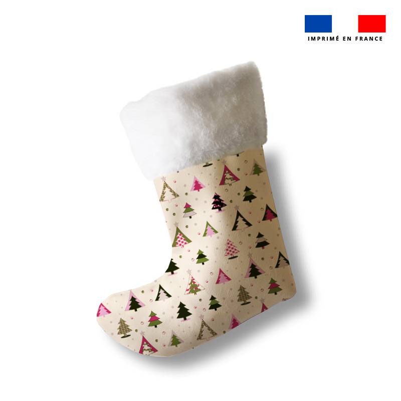 Kit chaussette de noel motif sapin rose et beige + Fausse fourrure - Création Lili Bambou Design