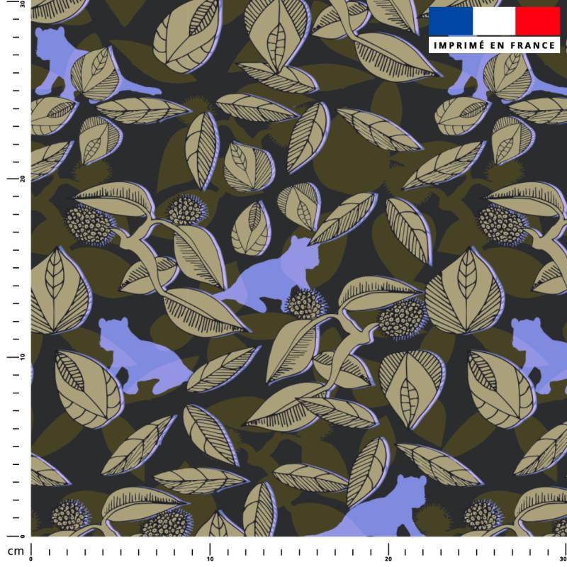 Tigre bleu et feuilles beige - Fond kaki - Création Lili Bambou Design