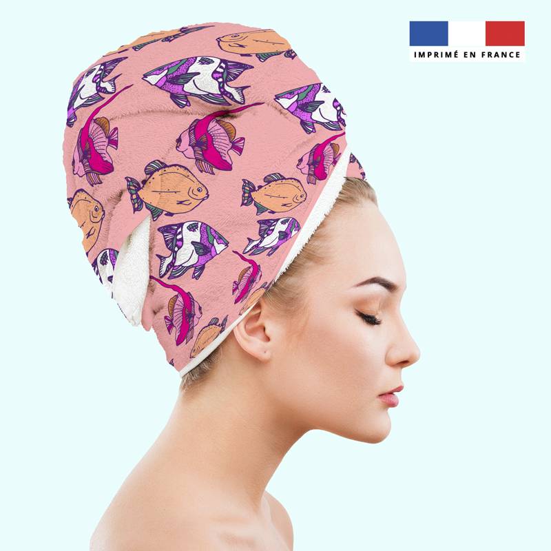 Coupon éponge pour serviette turban cheveux motif poisson - Création Lili Bambou Design