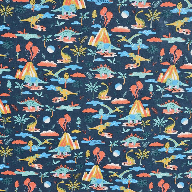 Coton bleu marine motif univers dinosaure