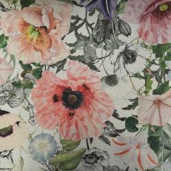 Toile lin et polycoton gris chiné imprimée fleurs vintage