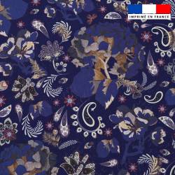 Popeline de coton bleue peigné motif cachemire flower gold