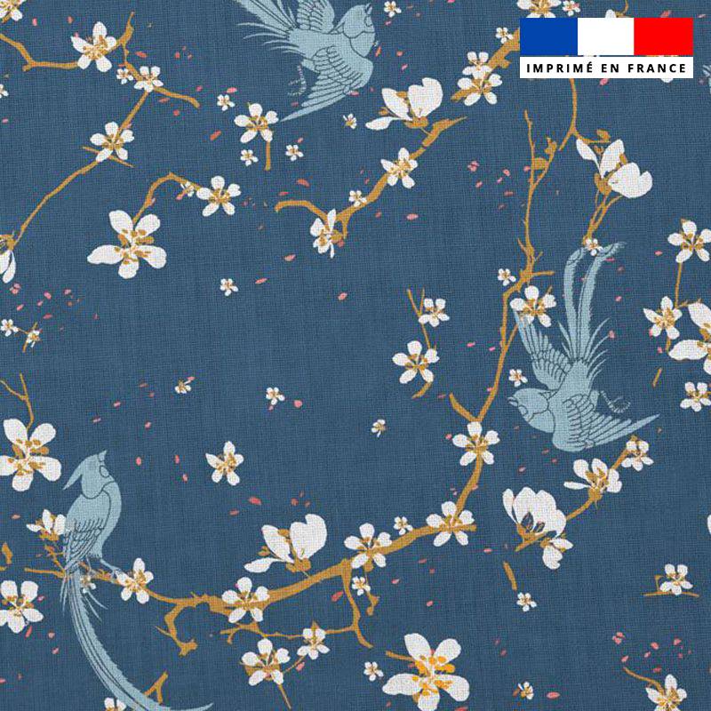 Popeline de coton bleu pétrole peigné motif fleur de cerisier et oiseau