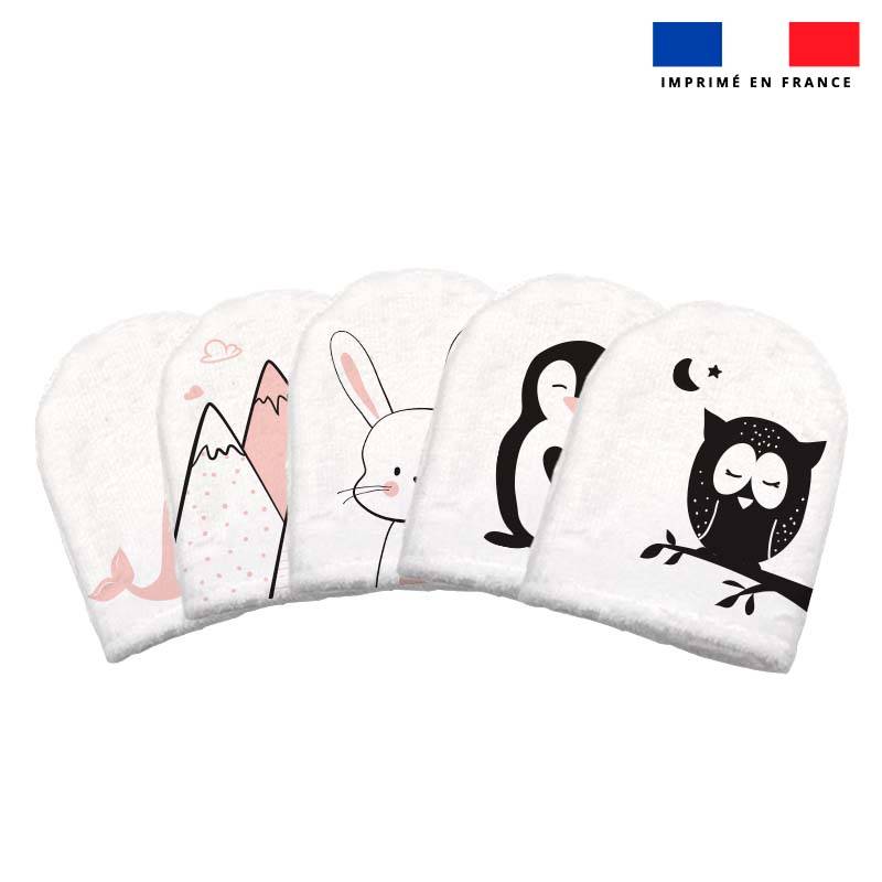 Kit mini-gants nettoyants motif animaux de la nuit