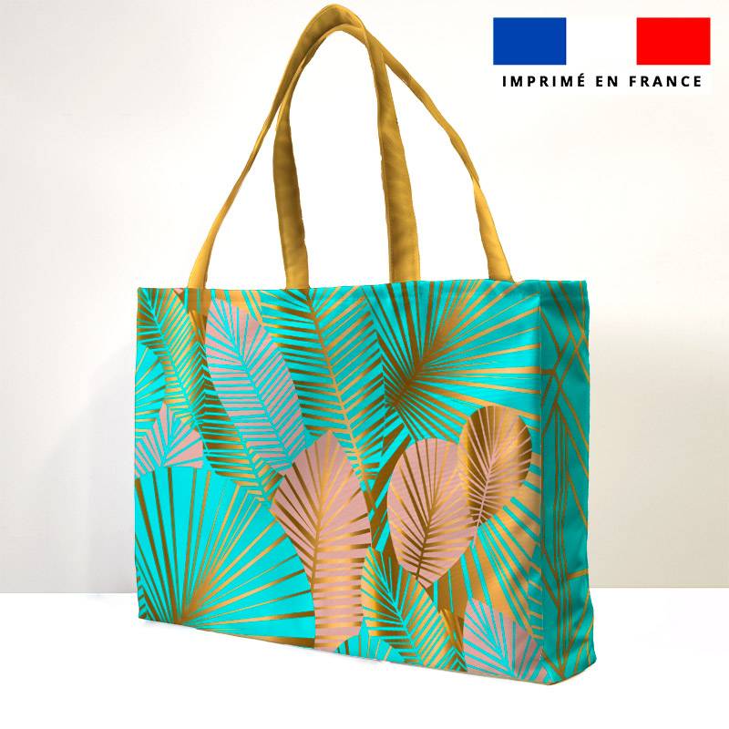 Kit couture sac cabas motif feuilles art déco turquoise et or
