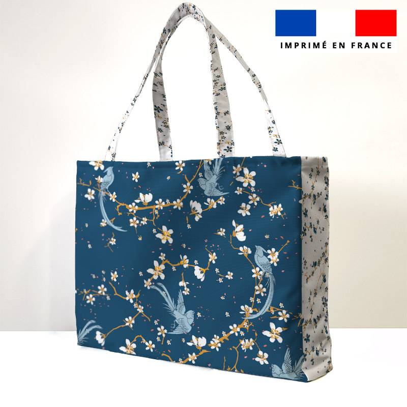 Kit couture sac cabas motif fleur de cerisier bleu pétrole
