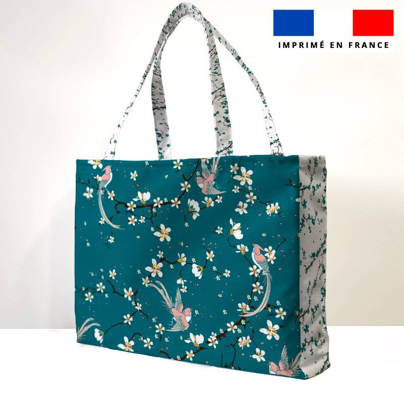 Kit couture sac cabas motif fleur de cerisier vert canard
