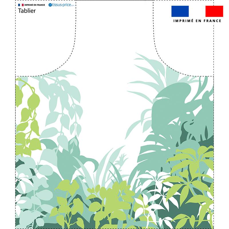 Patron imprimé pour tablier blanc motif nature jungle verte - Création Nathalie Gravey