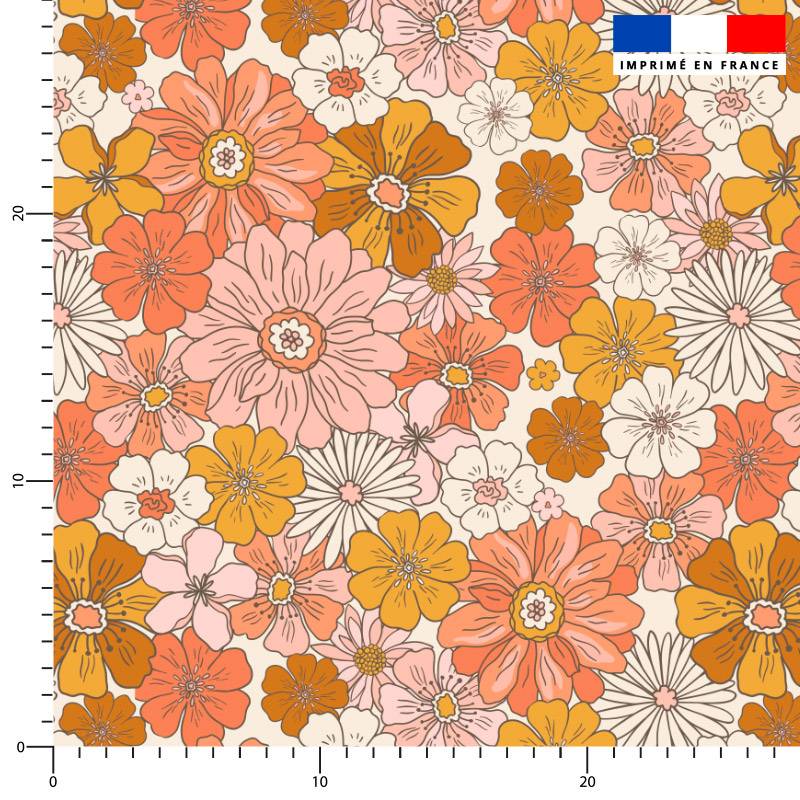 Fleurs rétro multicolores - Fond grège