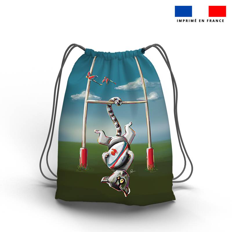 Kit sac à dos coulissant motif lémurien au rugby - Création Stillistic