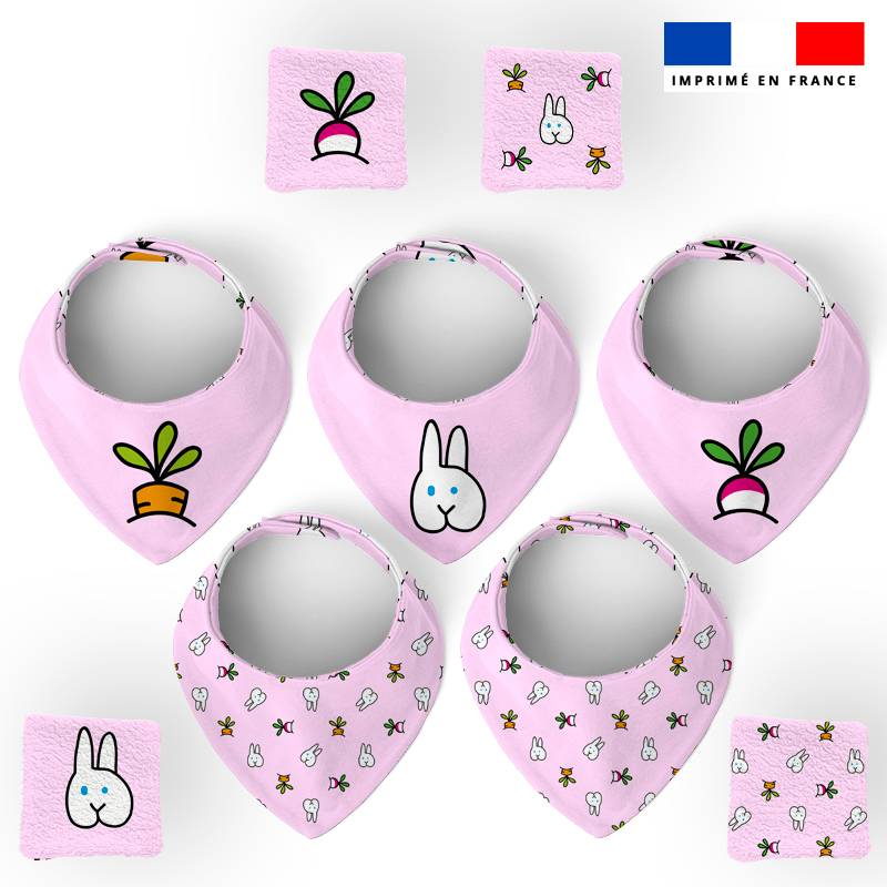 Coupon éponge bavoirs bandana rose motif lapin - Création EG pour IDJY