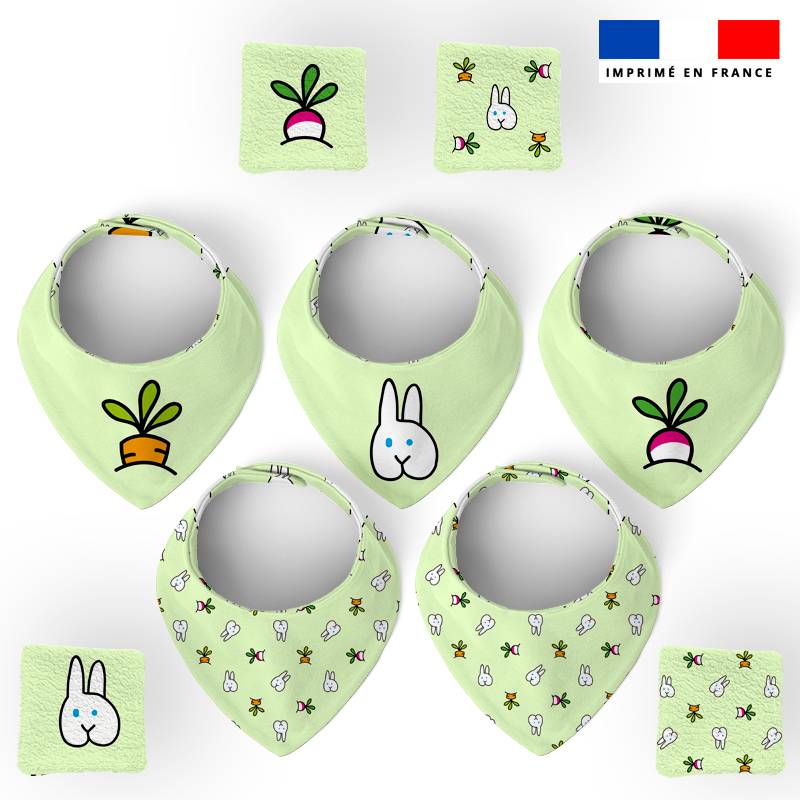 Coupon éponge bavoirs bandana vert motif lapin - Création EG pour IDJY