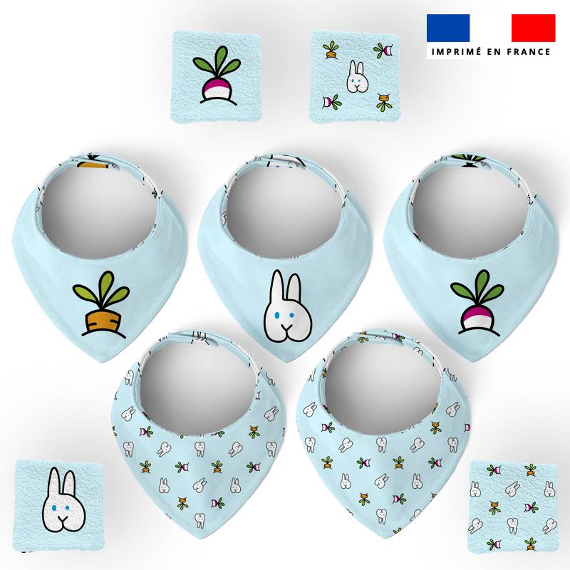 Coupon éponge bavoirs bandana bleu motif lapin - Création EG pour IDJY