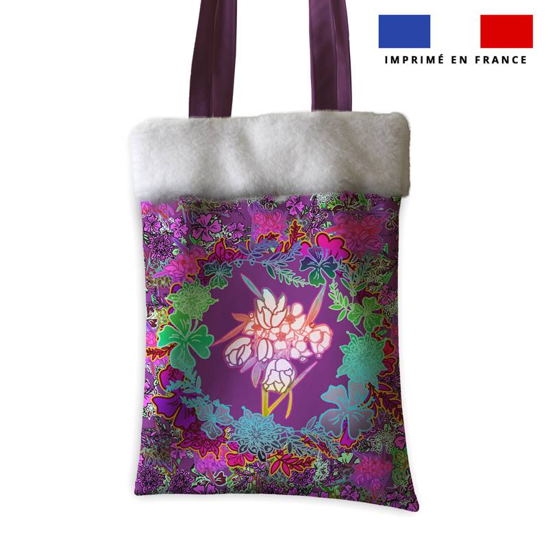 Coupon pour tote-bag violet motif bohème + fausse fourrure - Création Lili Bambou Design