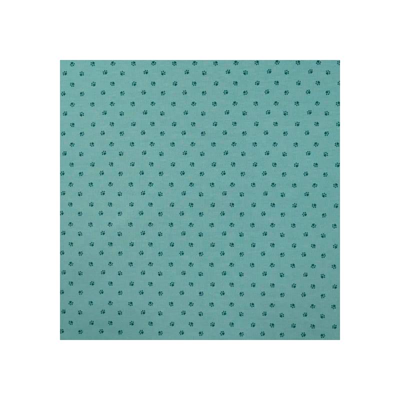 Jersey coton vert céladon imprimé traces de pattes