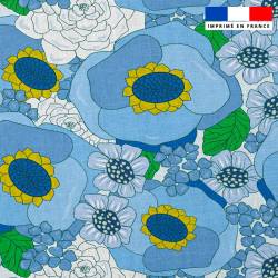 Popeline de coton peigné motif fleur vintage bleue de printemps - Création La Fossette