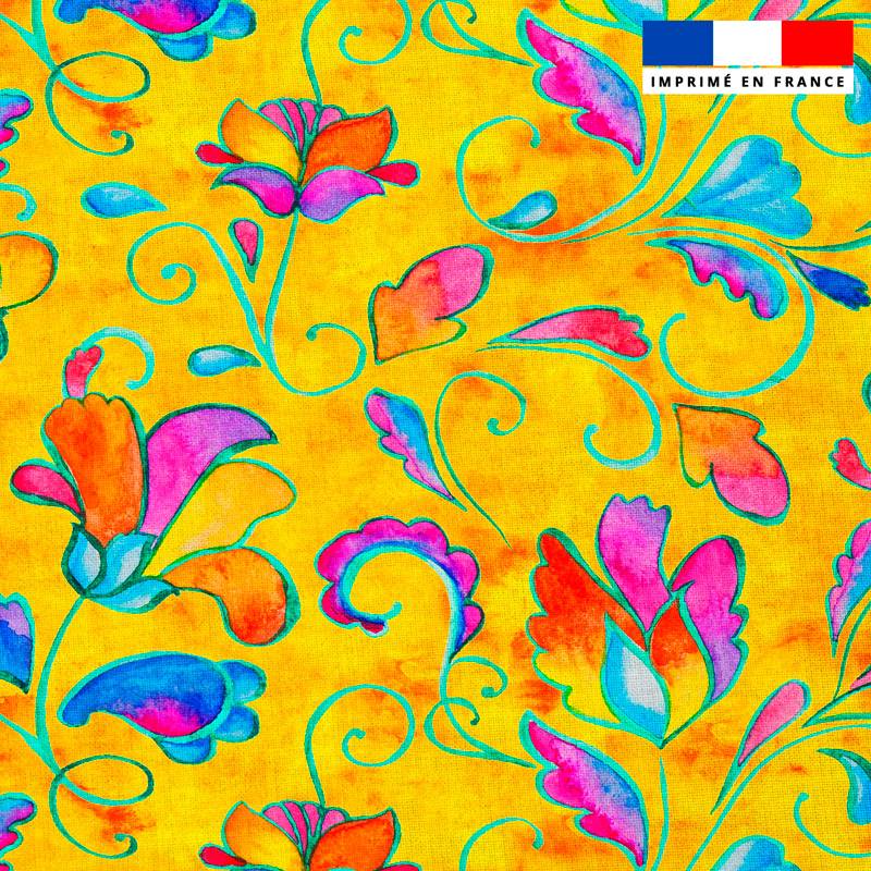 Popeline de coton peigné jaune motif fleurs dansantes