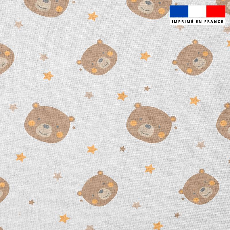 Popeline de coton peigné motif ours baby marron et ocre