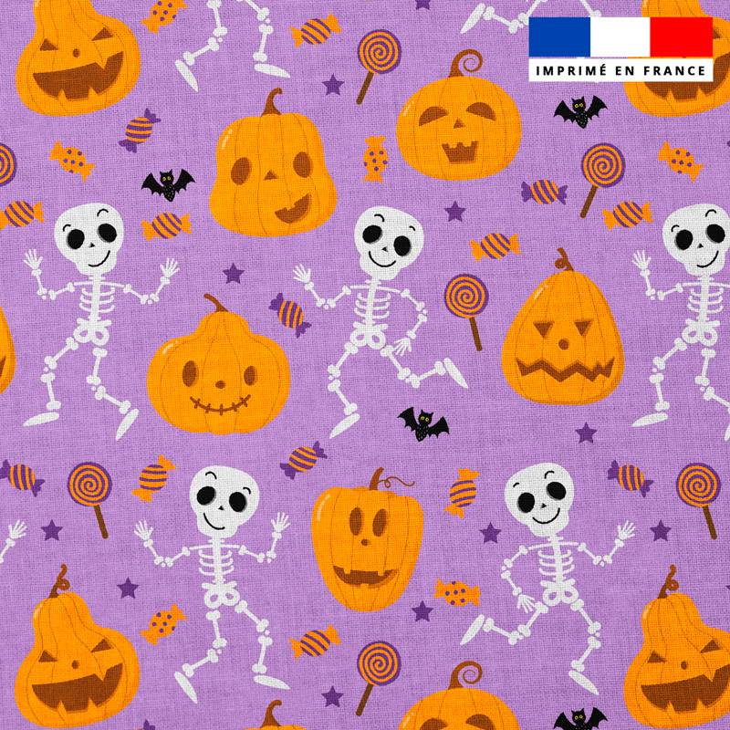 Popeline de coton peigné violette motif squelette d'halloween